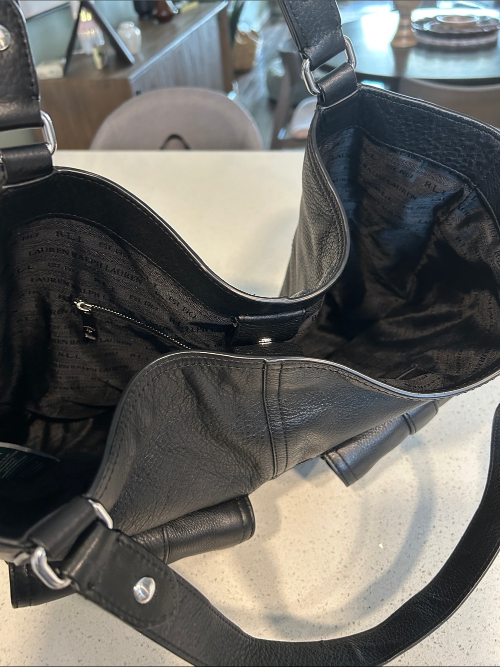 Ralph Lauren Black Pebbled Leather Shoulder Tote w/Equestrian Scarf & Charm - Picture 10 of 16